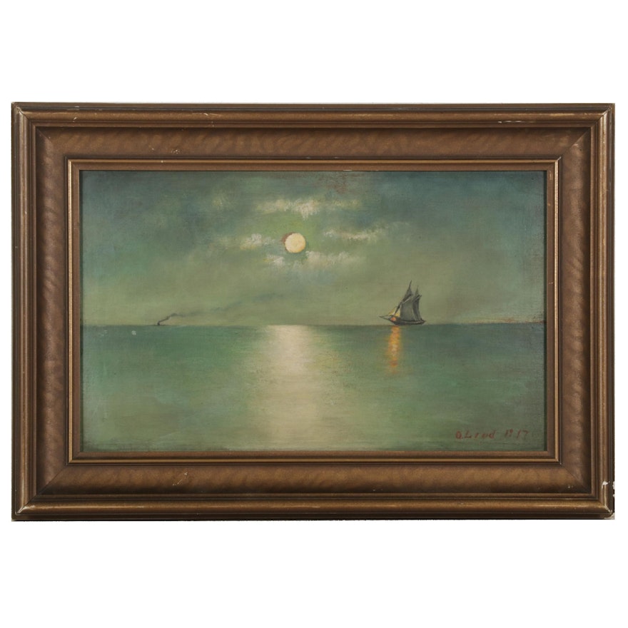 O. Lind Oil Painting of Tall Ship and Smoke on Moonlit Sea, 1917