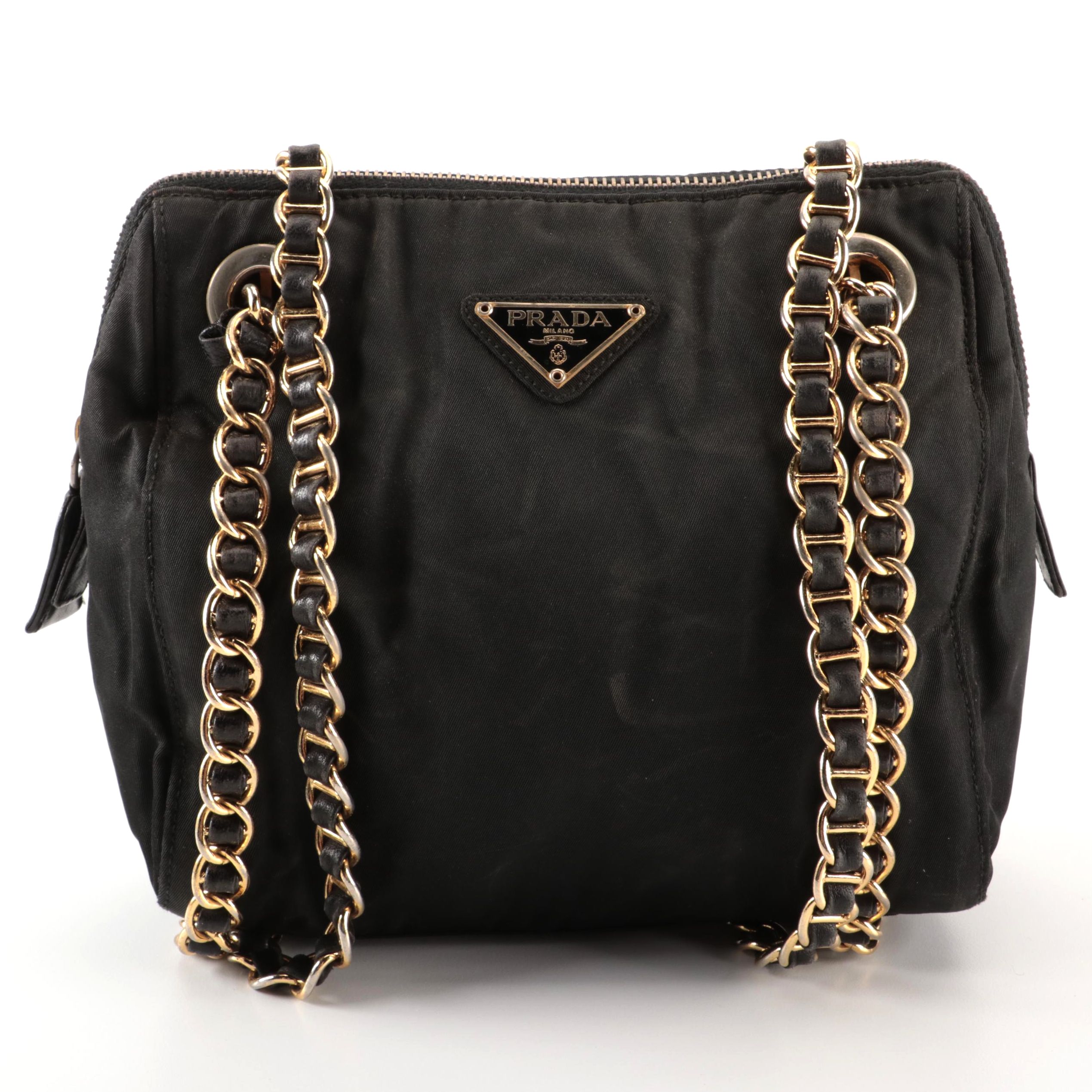 Prada Small Shoulder Bag in Black Nylon Tessuto and Black Leather