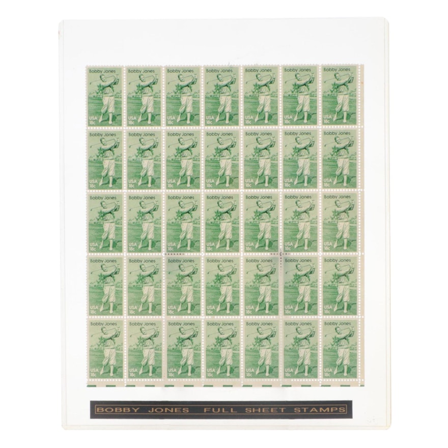 Bobby Jones Hall of Fame Golfer US 18c Full Sheet of Postal Stamps