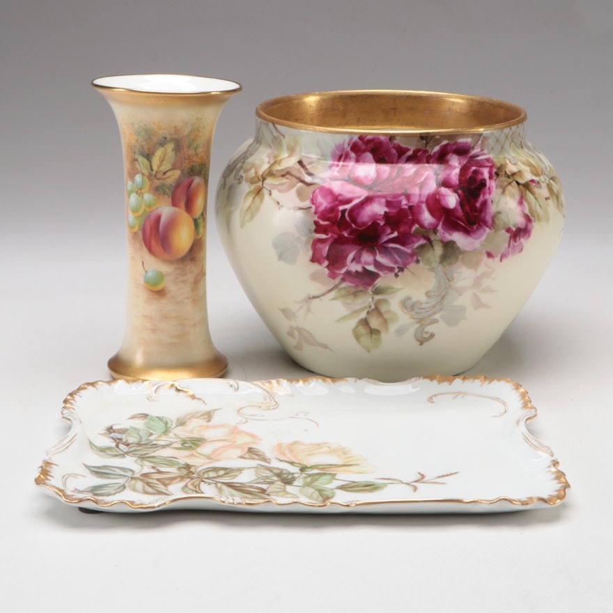 Royal Worcester Bone China Vase with Limoges Porcelain Jardinière and Tray