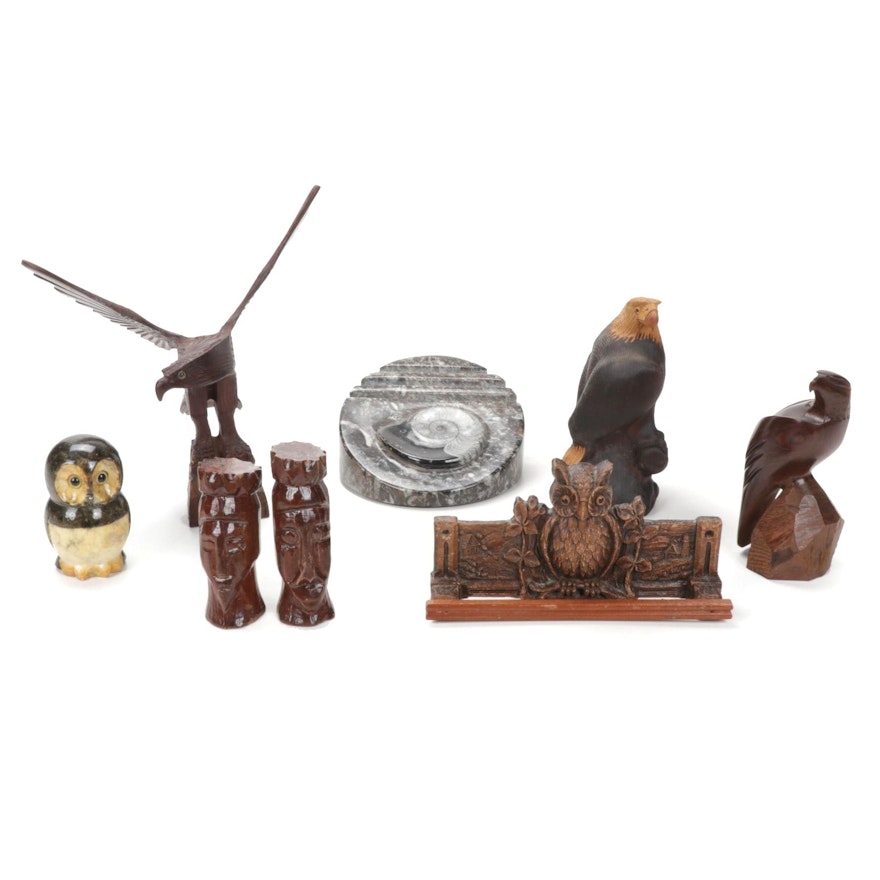 Alabaster Owl, Wooden Eagles, Polished Fossil Letter Holder, and More