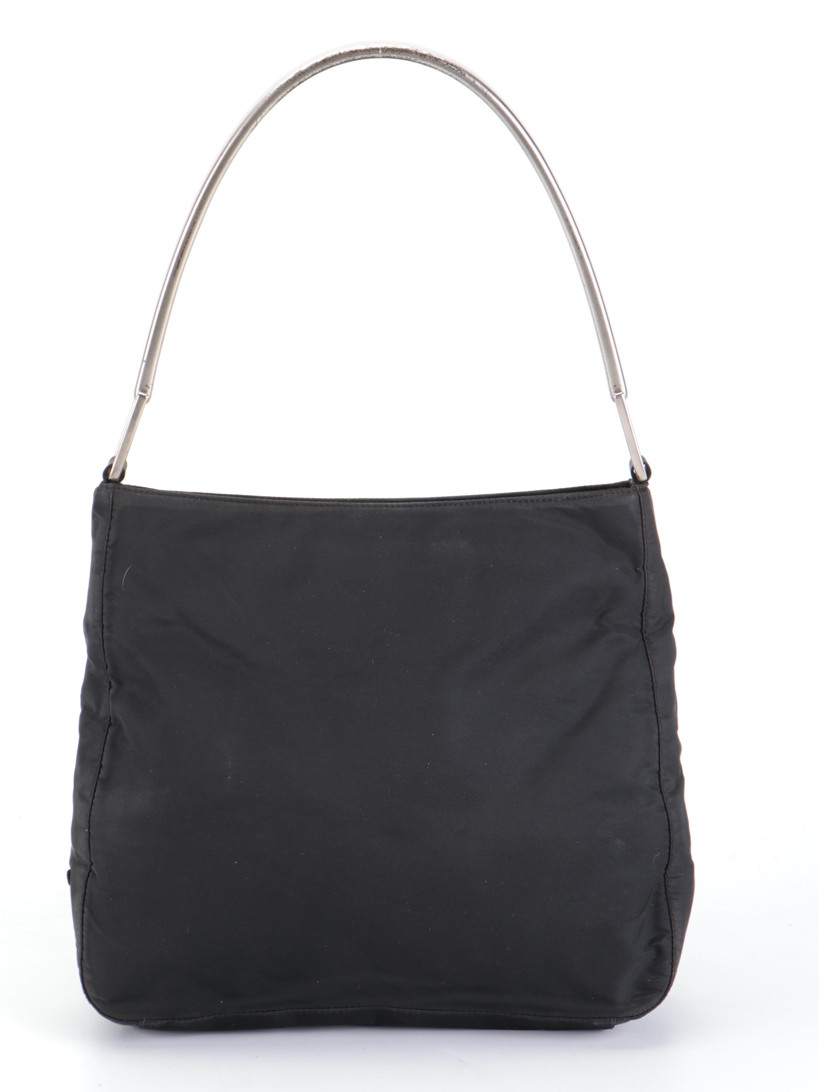 Prada Small Shoulder Bag in Black Nylon Tessuto with Hinged Composite Handle