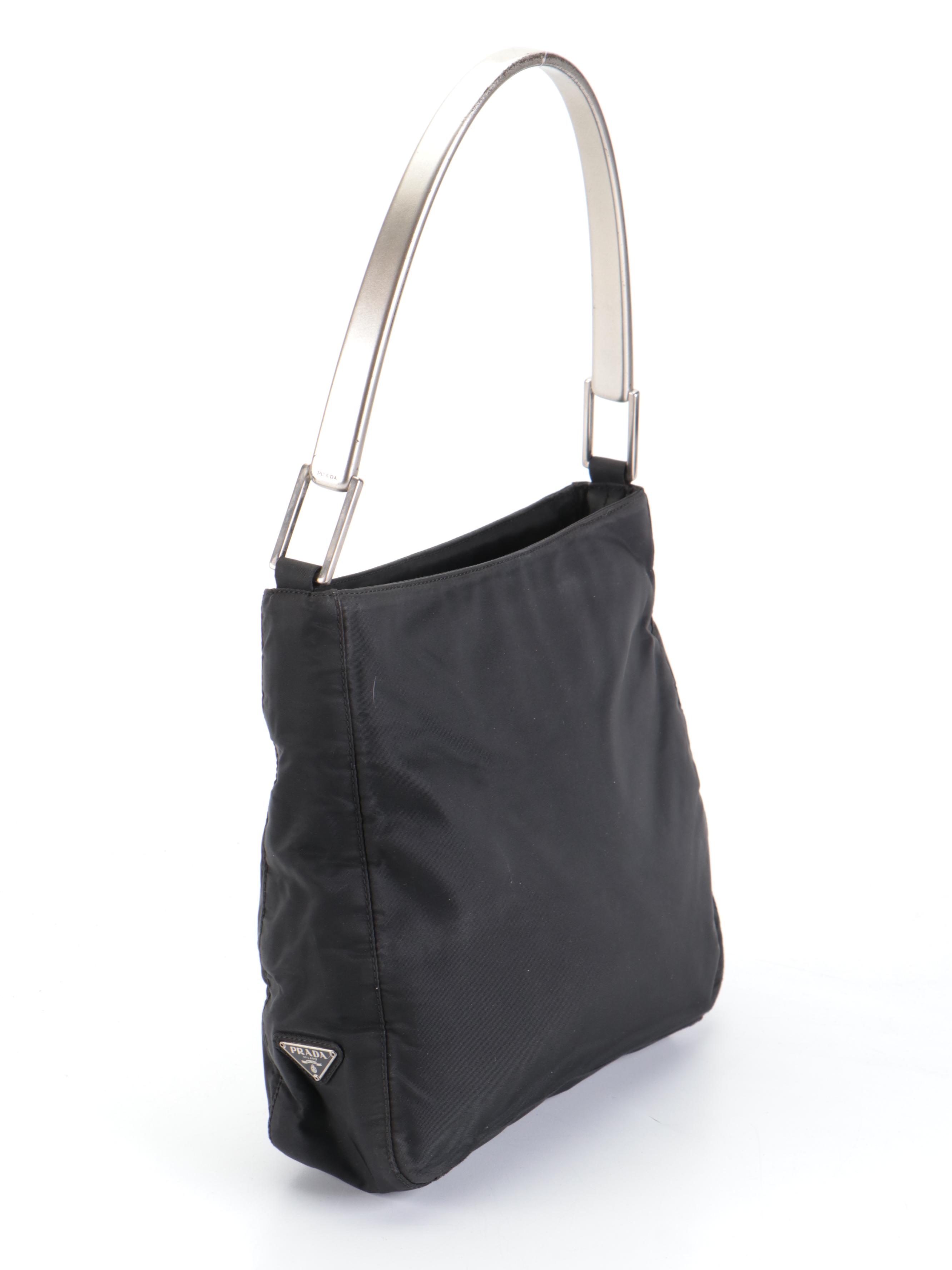 Prada Small Shoulder Bag in Black Nylon Tessuto with Hinged Composite Handle