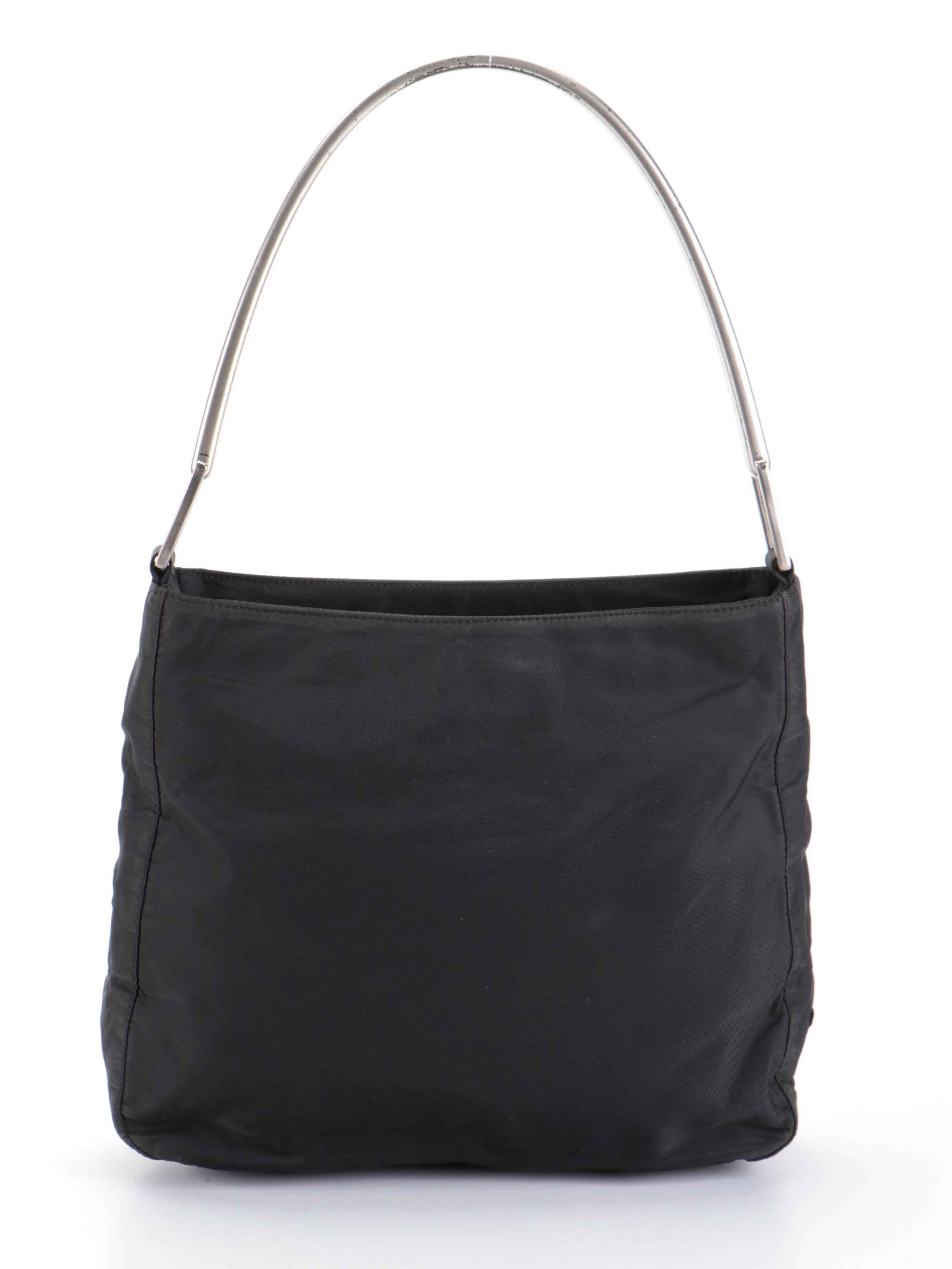 Prada Small Shoulder Bag in Black Nylon Tessuto with Hinged Composite Handle