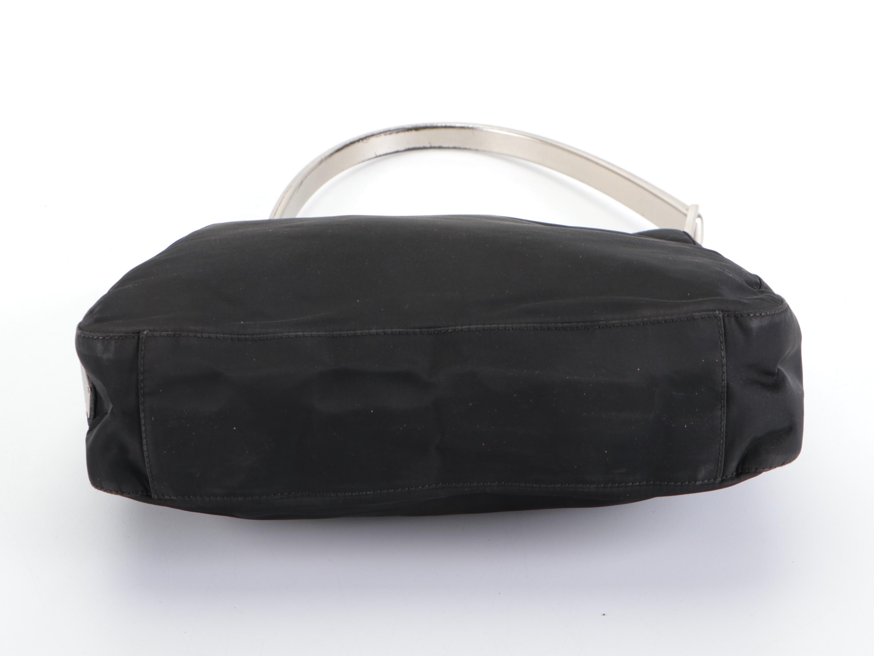 Prada Small Shoulder Bag in Black Nylon Tessuto with Hinged Composite Handle