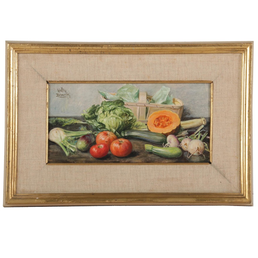 Walter Benoldi Oil Painting of Vegetables and Basket, Mid-Late 20th Century