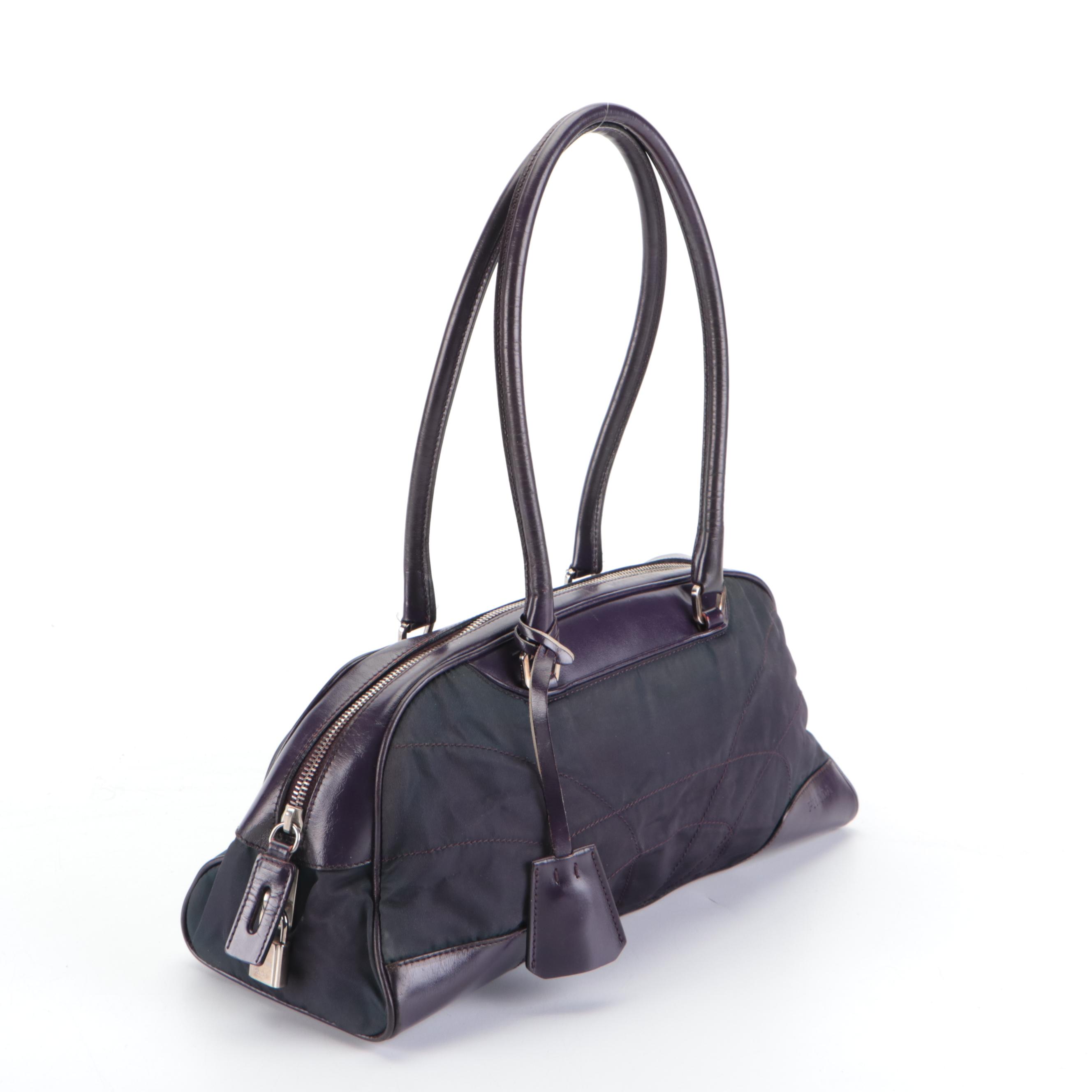 Prada Small Bowler Bag in Nylon Tessuto and Smooth Purple Leather