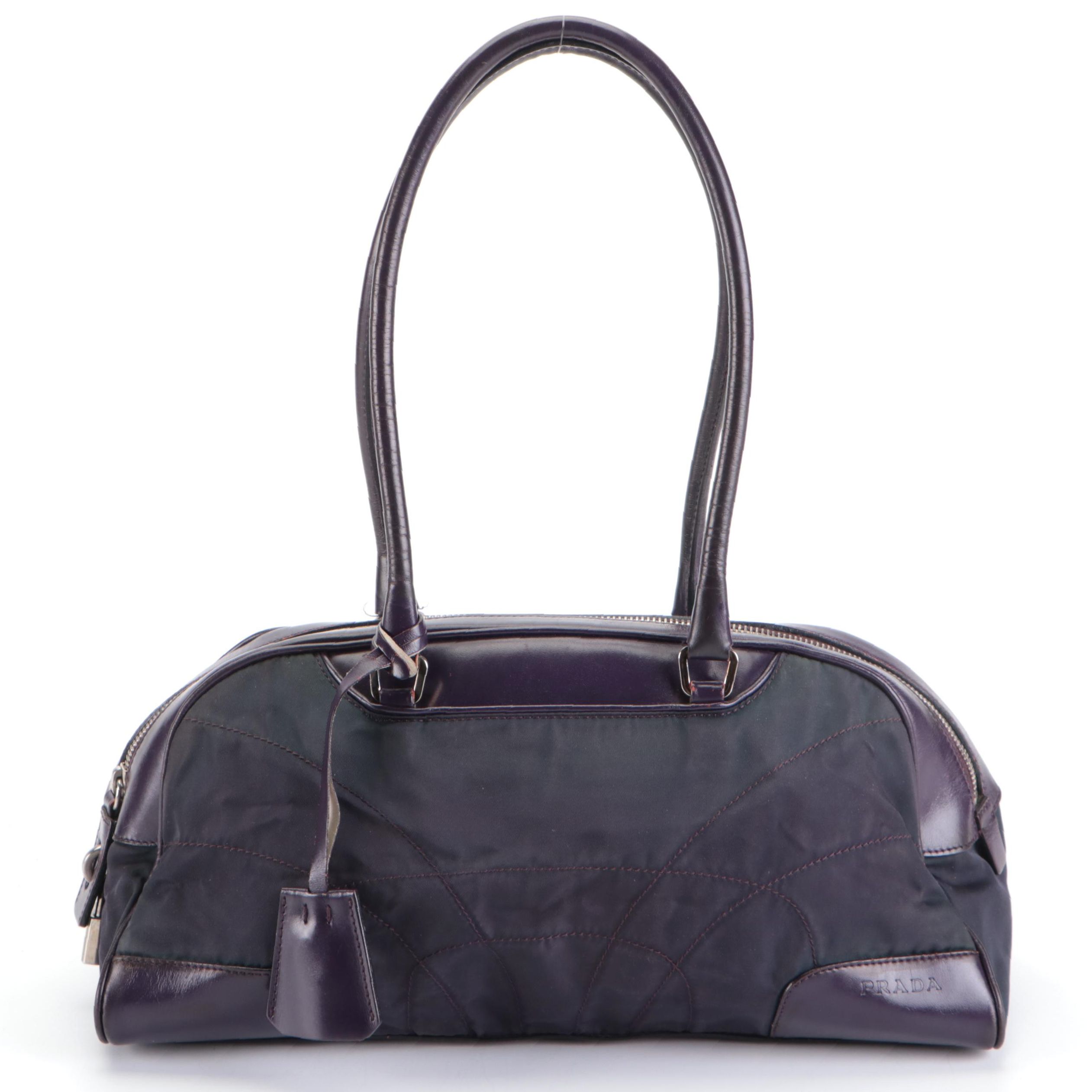 Prada Small Bowler Bag in Nylon Tessuto and Smooth Purple Leather