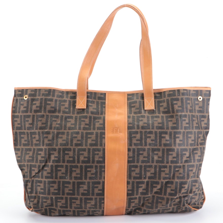 Fendi Tote Bag in Zucca  Canvas and Tan Leather