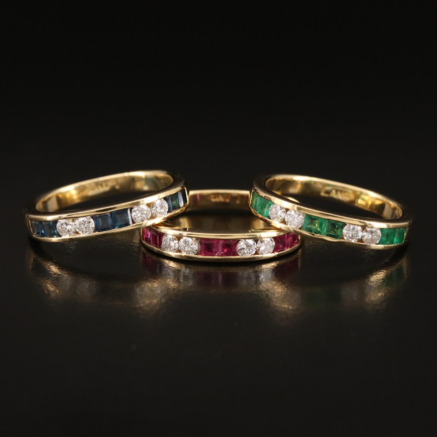 18K Ruby, Emerald and Sapphire Stacked Rings