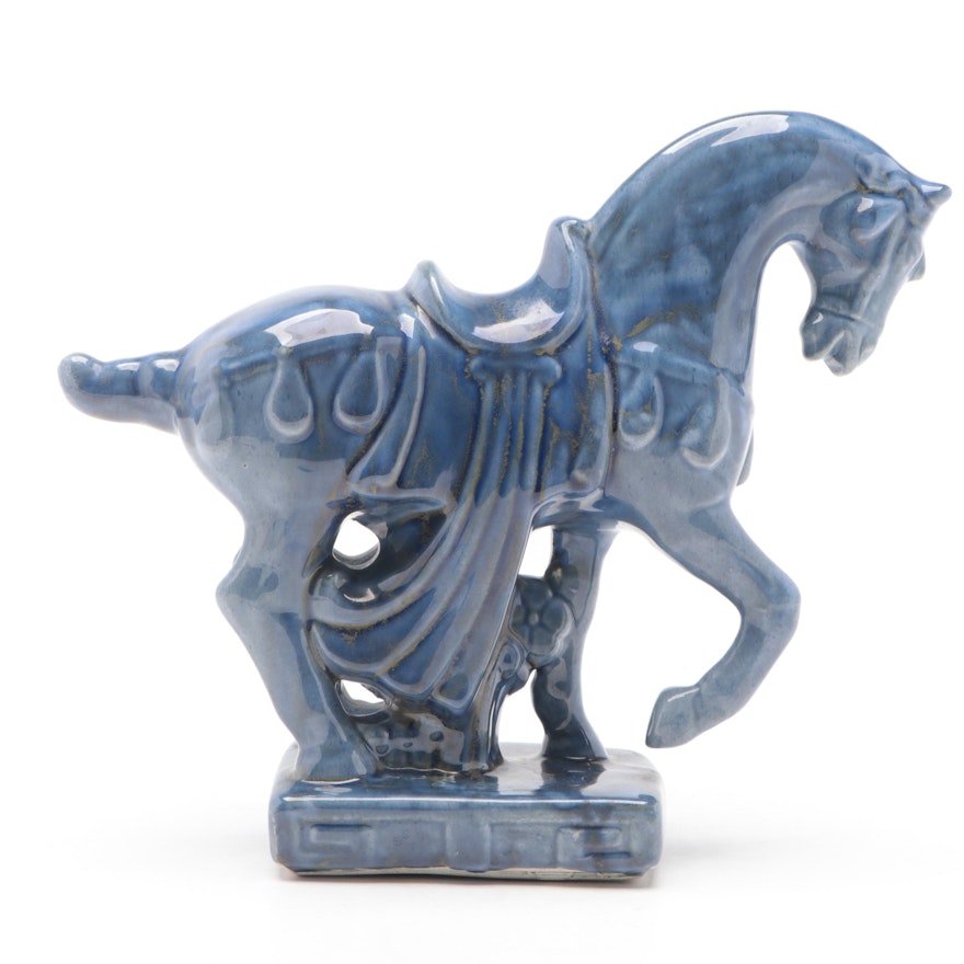 Chinese Tang Dynasty Style Blue Glazed Ceramic Horse Figure, Late 20th Century