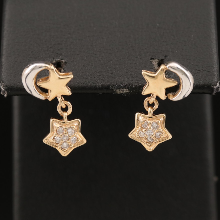 14K Moon and Stars Stud Earrings with 0.16 CTW Diamond Star Drops
