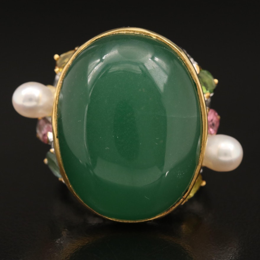 Sterling Chalcedony, Pearl and Tourmaline Biomorphic Ring