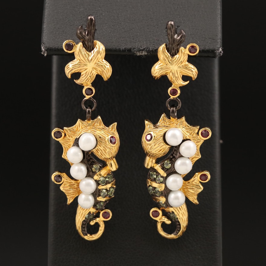Sterling Pearl, Rhodolite Garnet and Peridot Seahorse Earrings