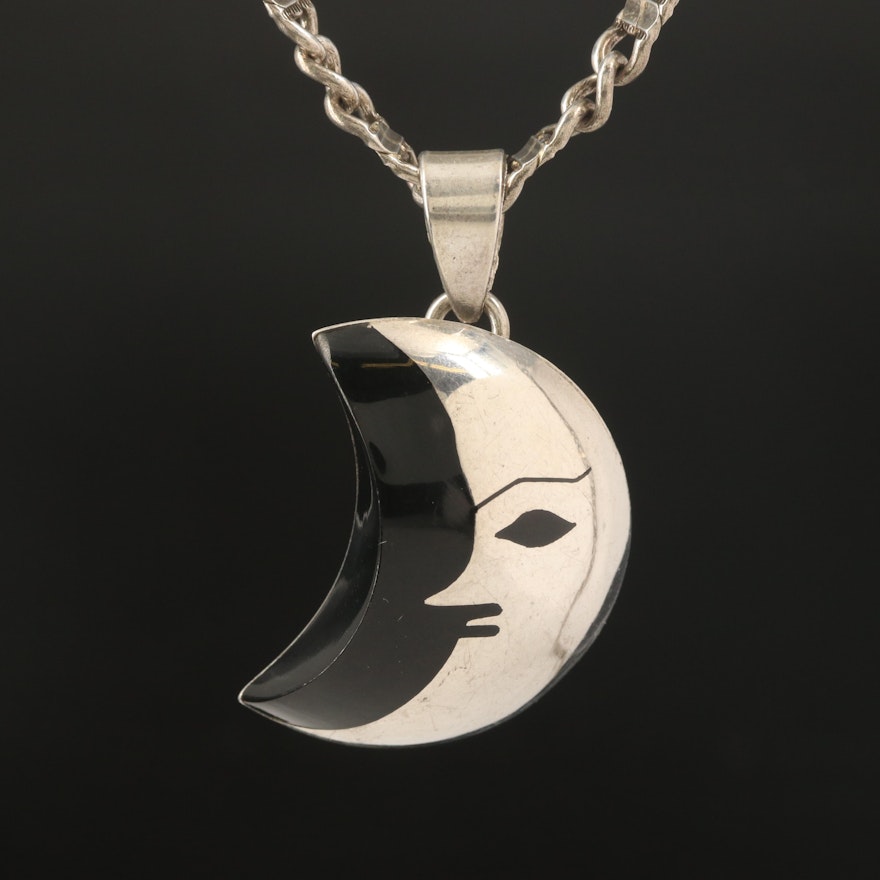 Mexican Sterling Crescent Moon Pendant on Curb Chain