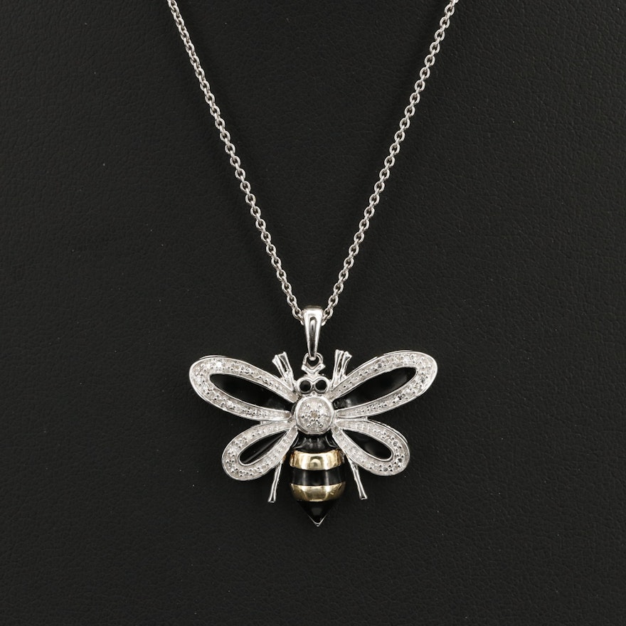 Sterling Diamond and Enameled Bee Pendant Necklace
