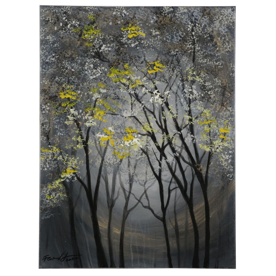 Farshad Lanjani Acrylic Painting of Moonlit Forest Grove, 2022