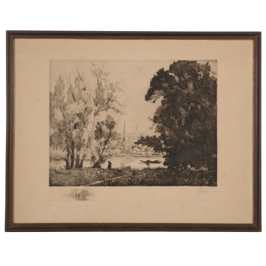 Georges Le Meilleur Lakeside Village Etching, Late 19th-Early 20th Century