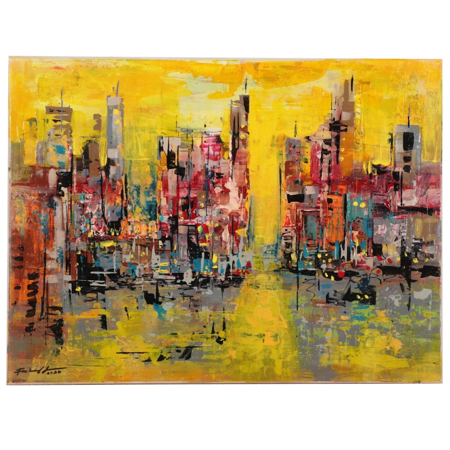 Farshad Lanjani Acrylic Painting of City Street at Sunset, 2022