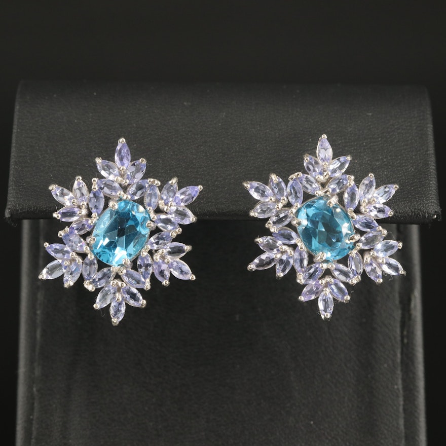 Sterling Swiss Blue Topaz and Tanzanite Button Earrings