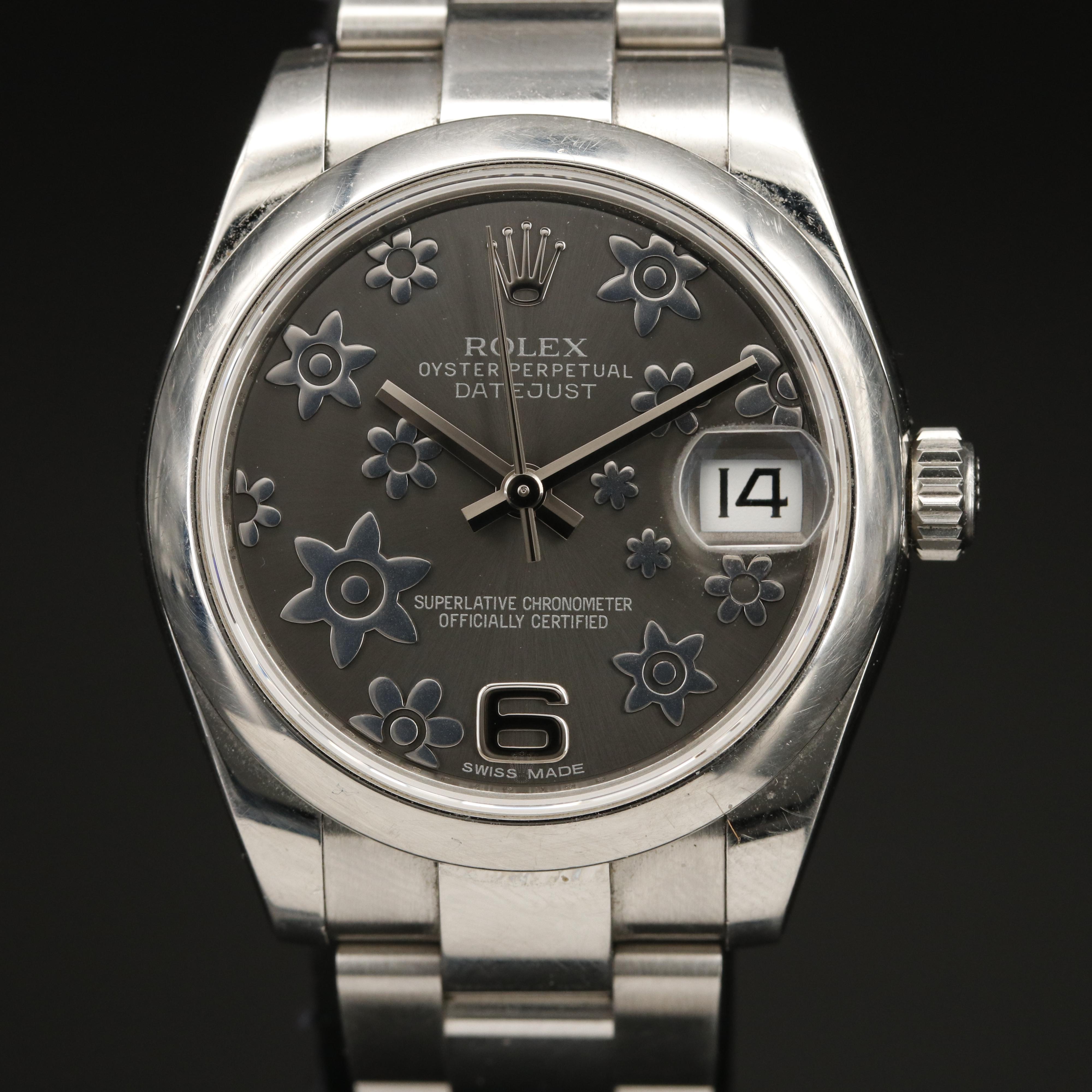 Rolex Datejust Floral Rhodium Dial Stainless Steel Watch