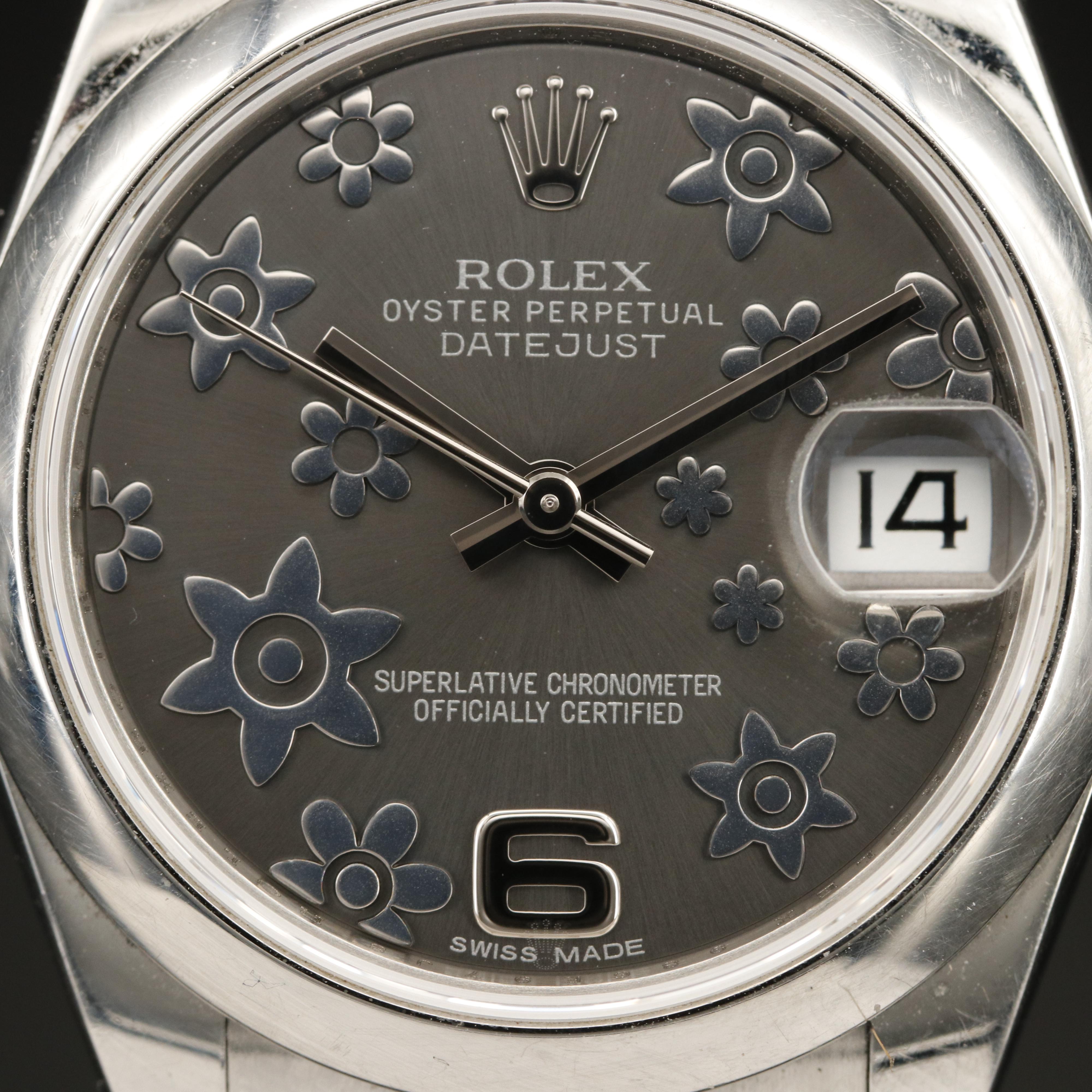 Rolex Datejust Floral Rhodium Dial Stainless Steel Watch