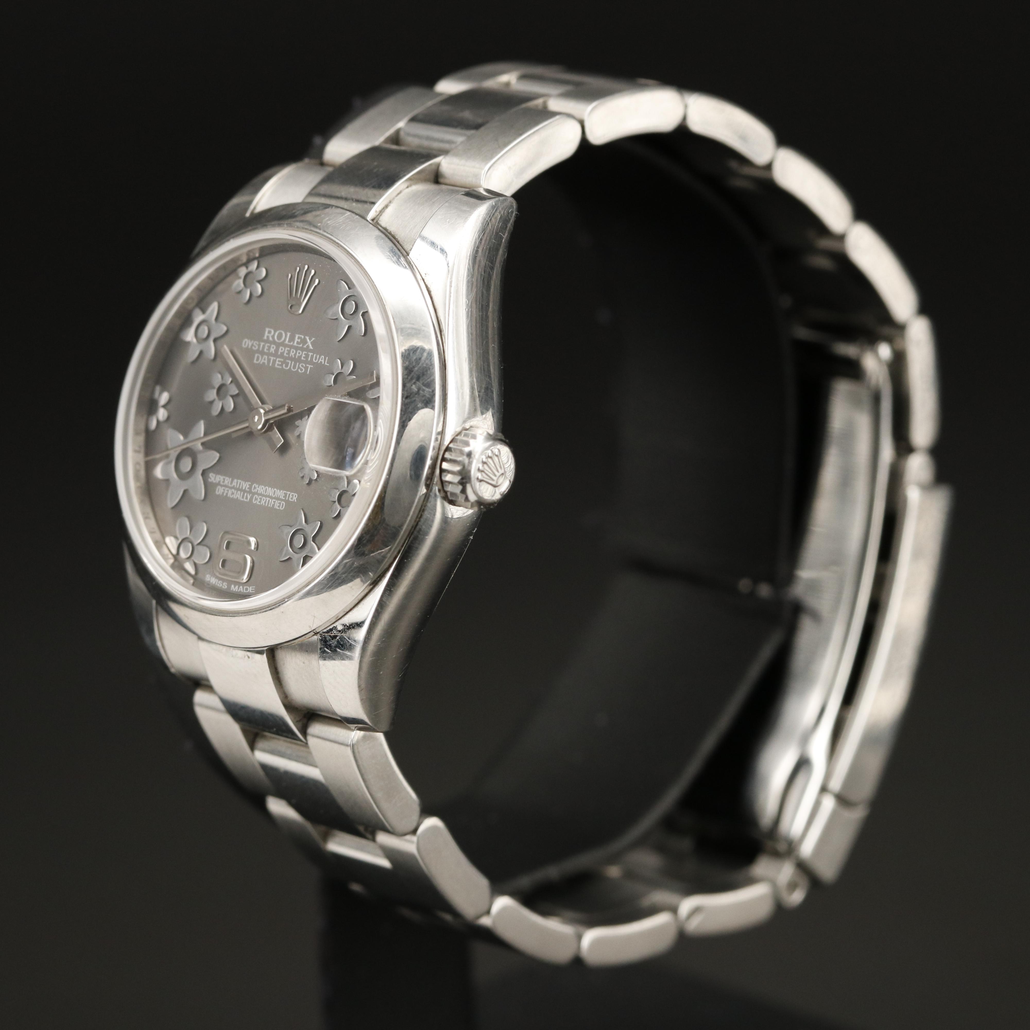 Rolex Datejust Floral Rhodium Dial Stainless Steel Watch