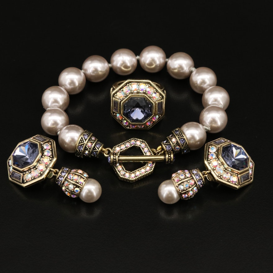 Heidi Daus "Lavish Layers" Crystal and Faux Pearl Bracelet, Ring and Earrings