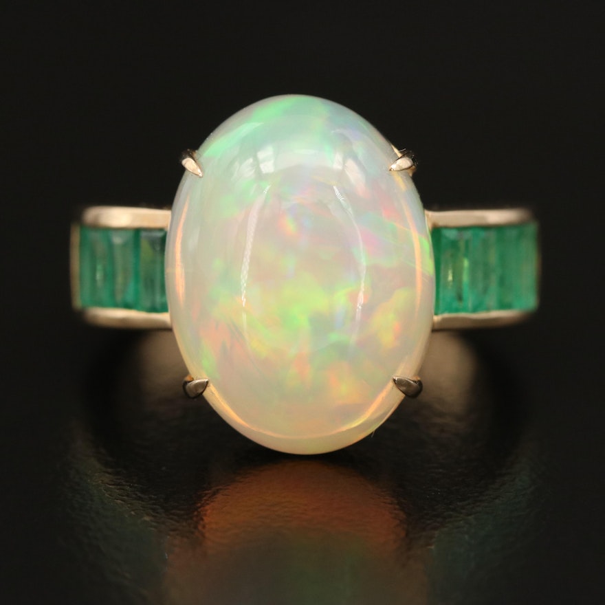 14K Oval Opal Cabochon Ring with Emerald Lined Shoulders