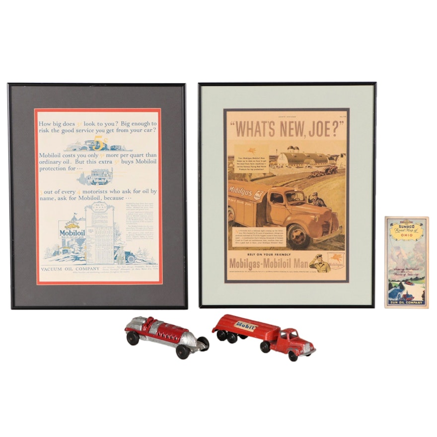 Mobil Oil Framed Advertisements, Diecast Cars, and Sunoco Road Map of Ohio