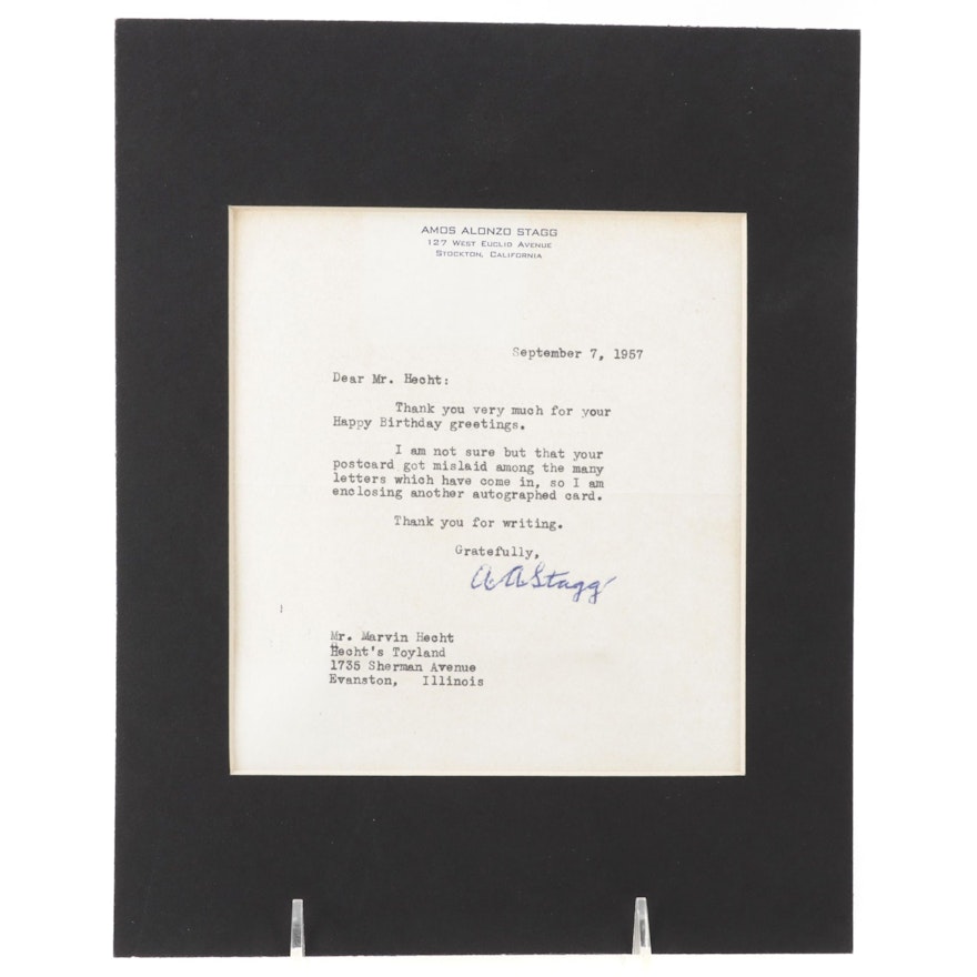 1957 Amos Alonzo Stagg "Football Immortal" Signed Personal Typed Letter to a Fan