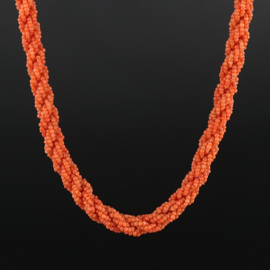 Victorian Coral Braided Necklace with 18K Clasp