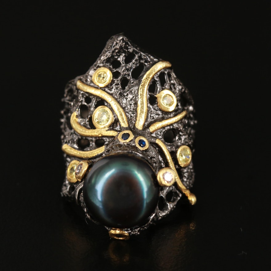 Sterling Pearl and Spinel Sea Life Ring