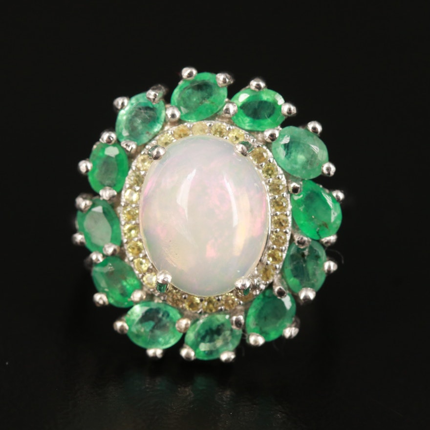 Sterling Opal, Emerald and Sapphire Ring