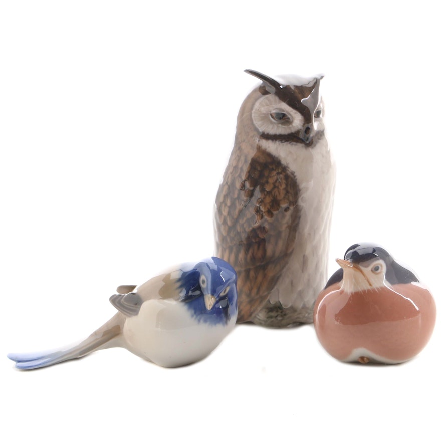 Royal Copenhagen and Bing & Grøndahl Porcelain Owl and Bird Figurines