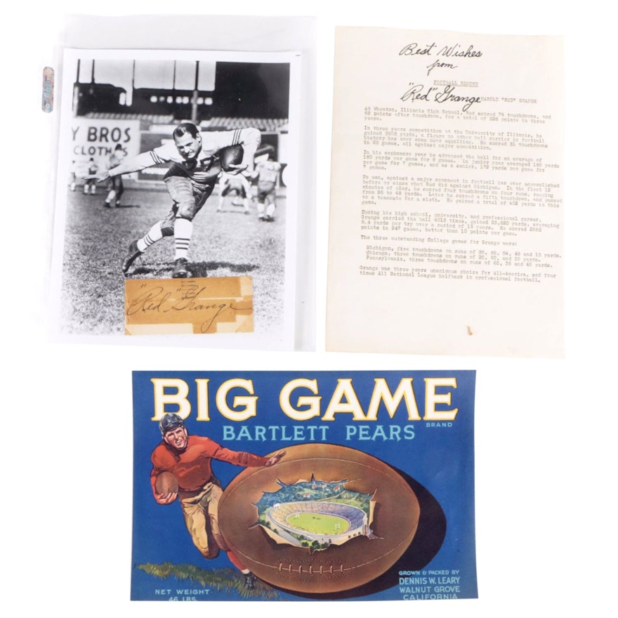 Red Grange Signature Cut and Letter with "Big Game" Pear Advertisement