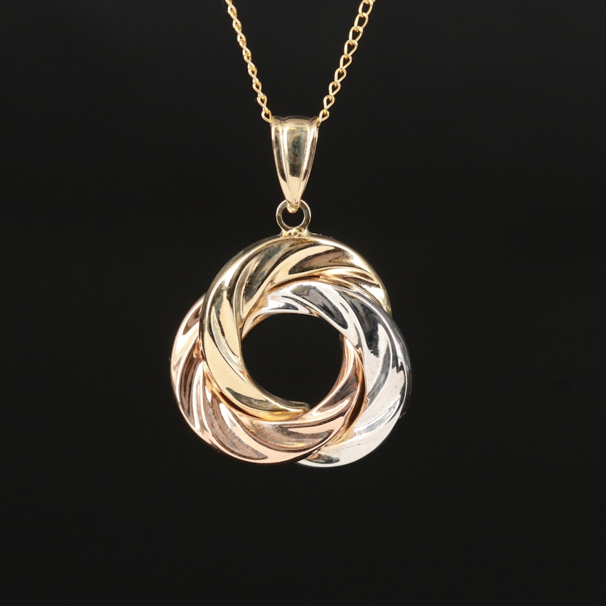 14K Tri-Color Gold Knot Pendant on Gold-Filled Curb Chain Necklace