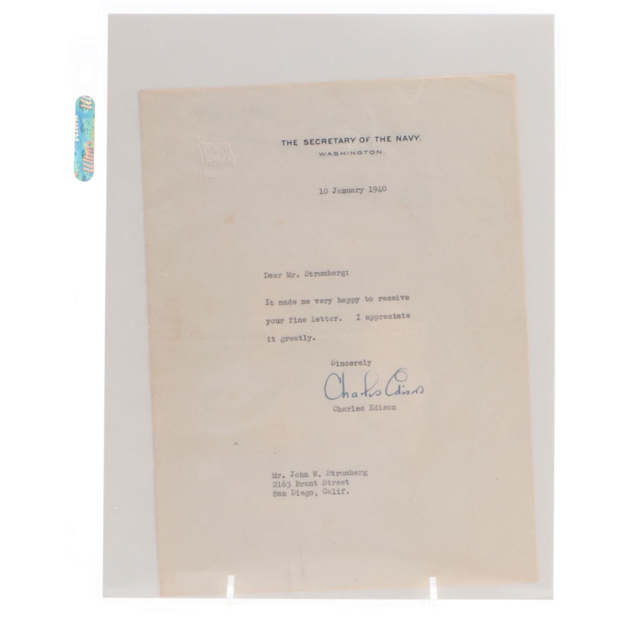 Charles Edison "The Secretary of the Navy" Signed Typed Letter, 1940