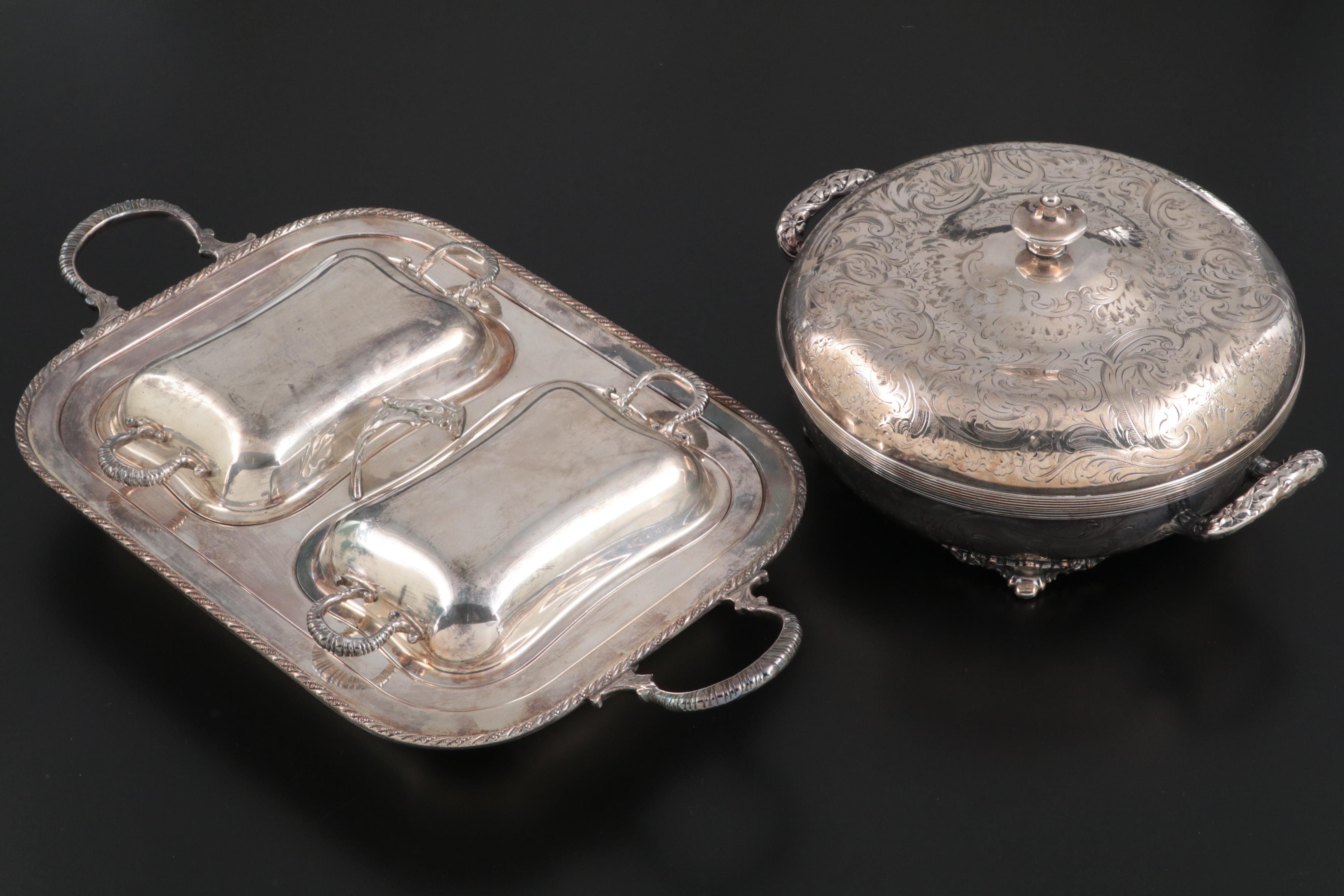 Homan Mfg. Co. Silver Plate Lidded Serving Dish and Other Silver Plate Serveware