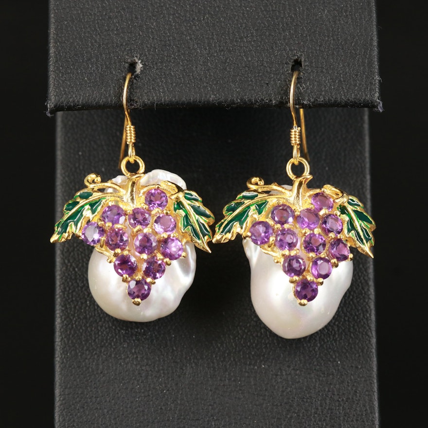 Sterling Pearl and Amethyst Grape Cluster Earrings