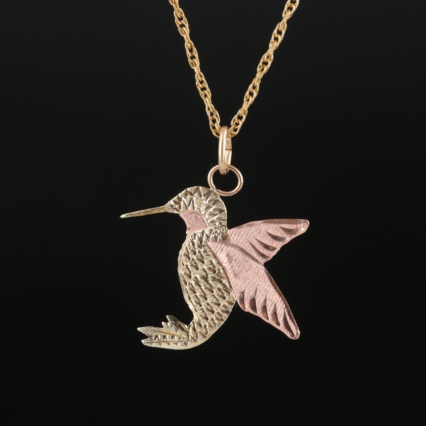 10K Hummingbird Pendant with Rose Gold Accents on Gold-Filled Chain