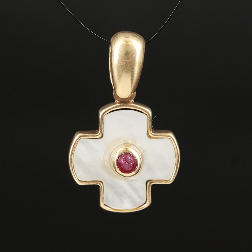 14K Ruby and Mother of Pearl Cross Pendant