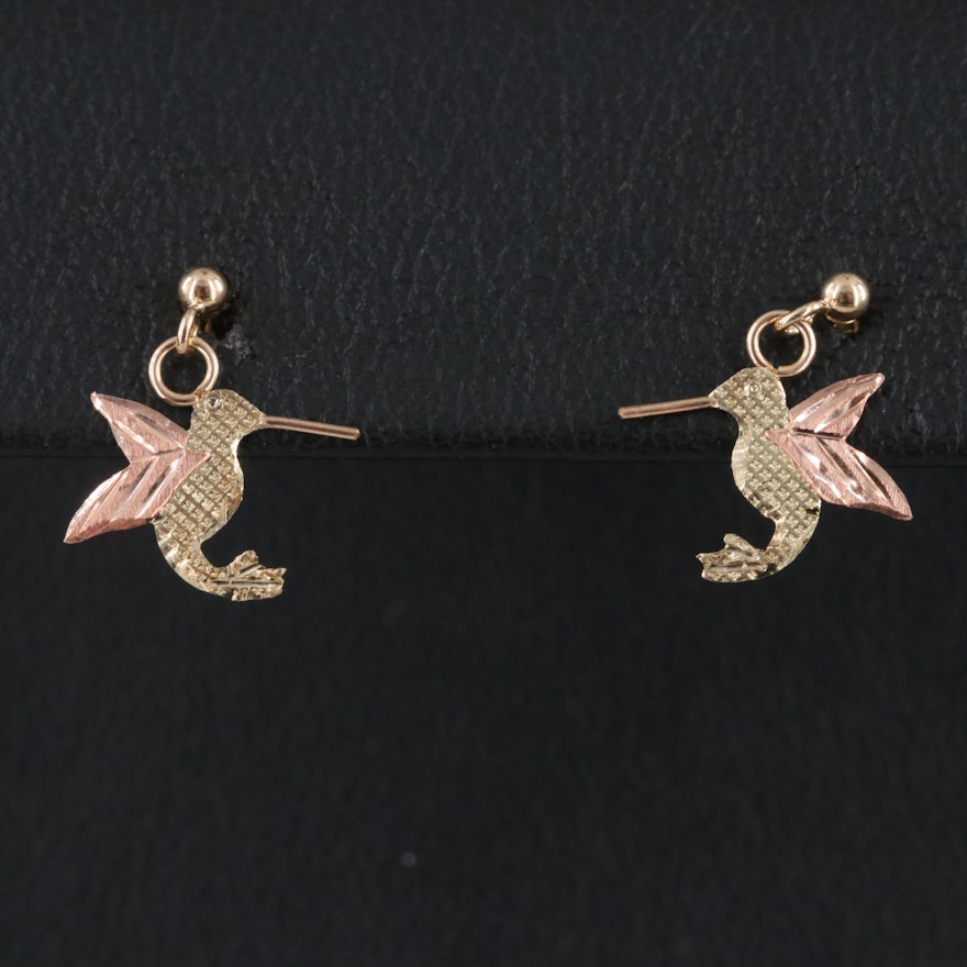 10K Hummingbird Earrings with Rose Gold Accents