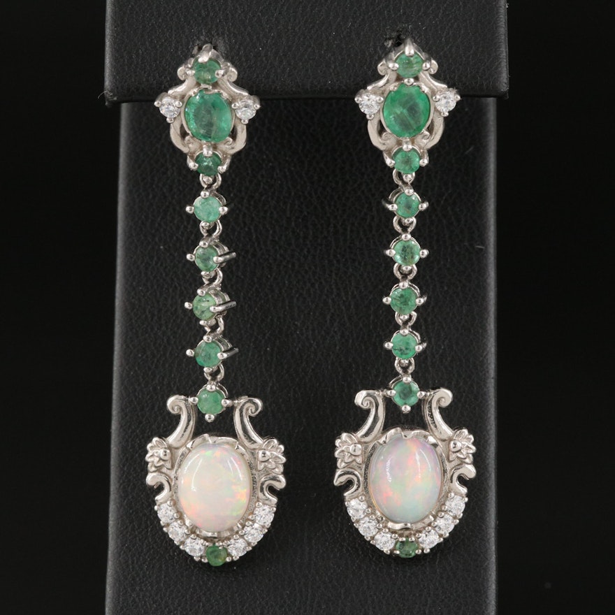 Sterling Emerald, Opal and Cubic Zirconia Pendulum Earrings
