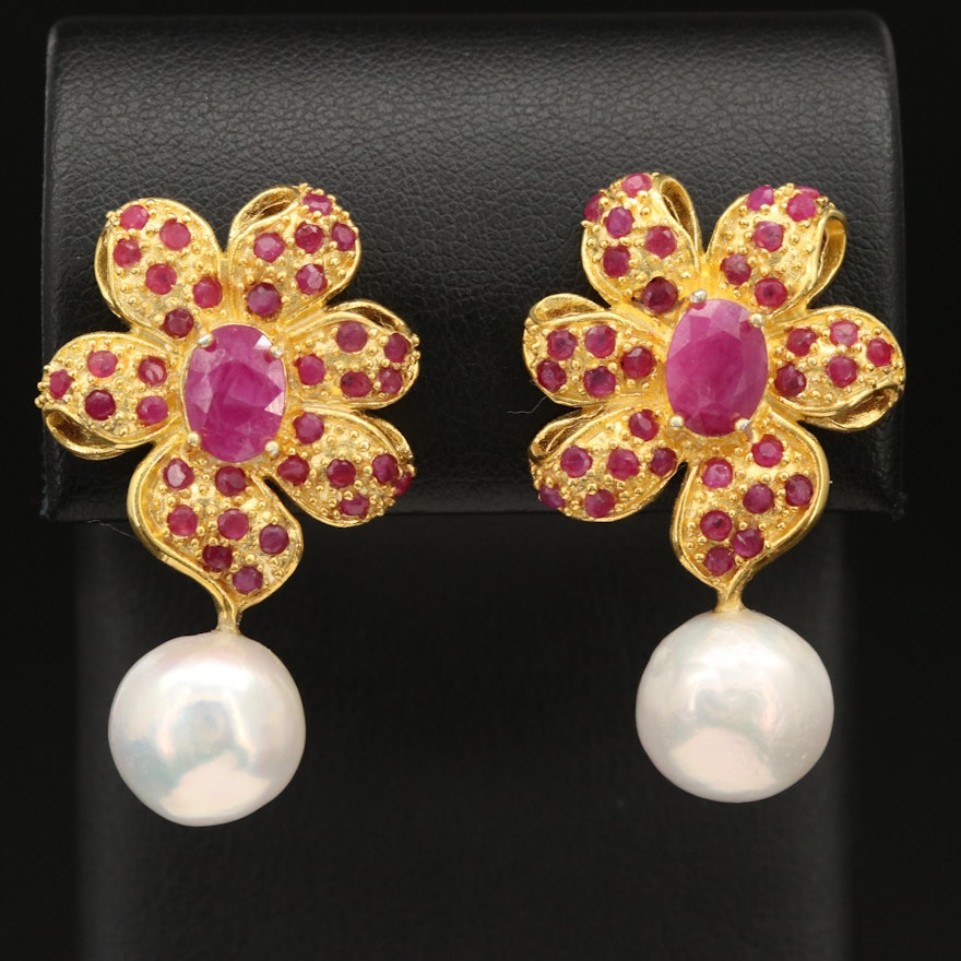 Sterling Pearl and Ruby Flower Earrings