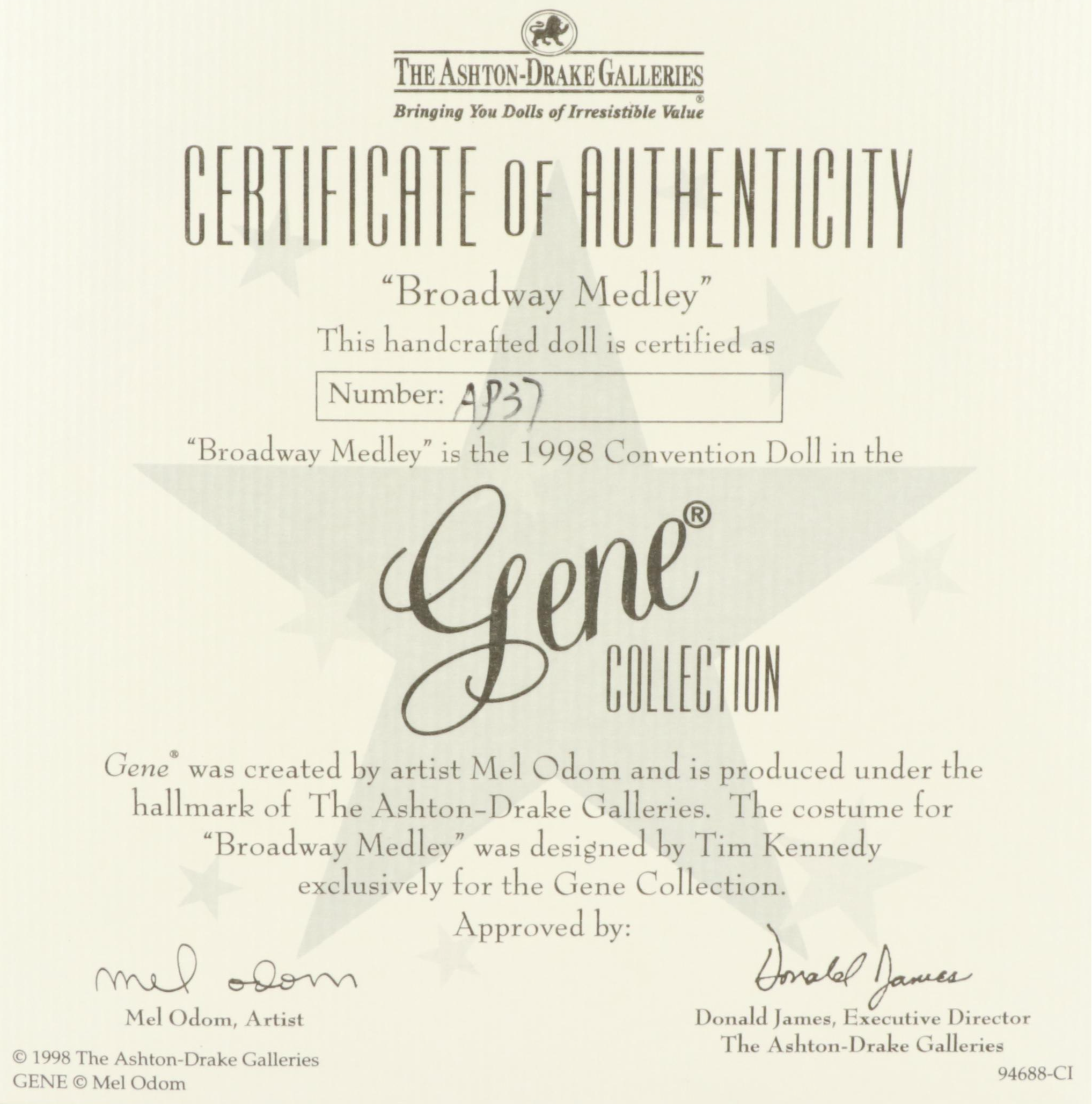 Gene Vinyl Dolls "Broadway Medley" and "She'd Rather Dance" with Outfits, COAs