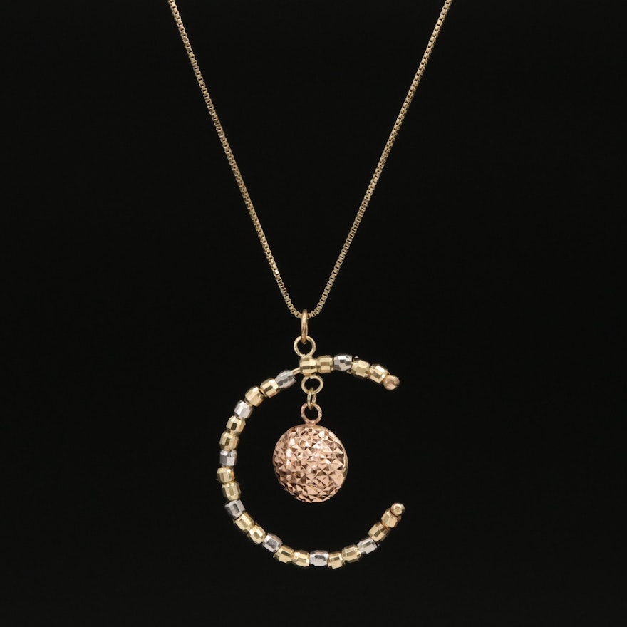 14K Crescent and Drop Pendant Necklace