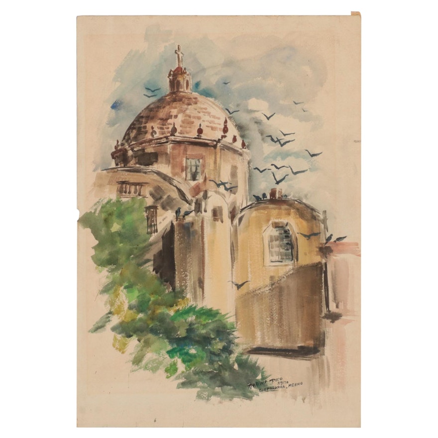 Prospero Rico Mexican Church Landscape Watercolor Painting, 1970