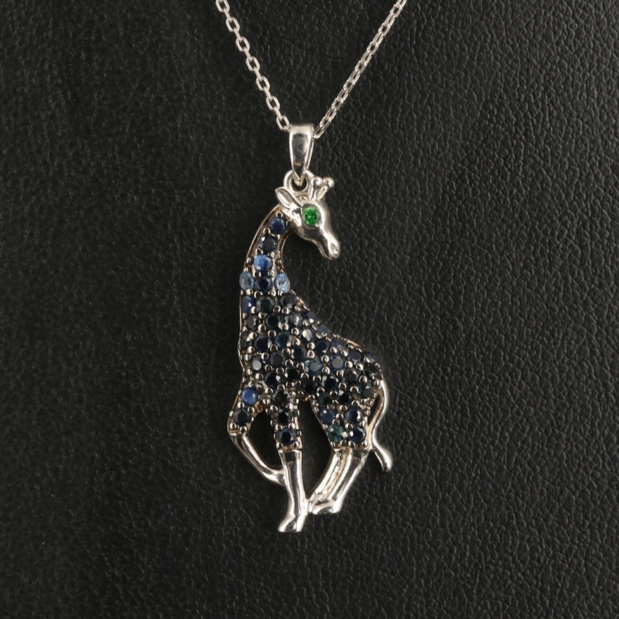 Sterling Sapphire and Diopside Giraffe Pendant Necklace