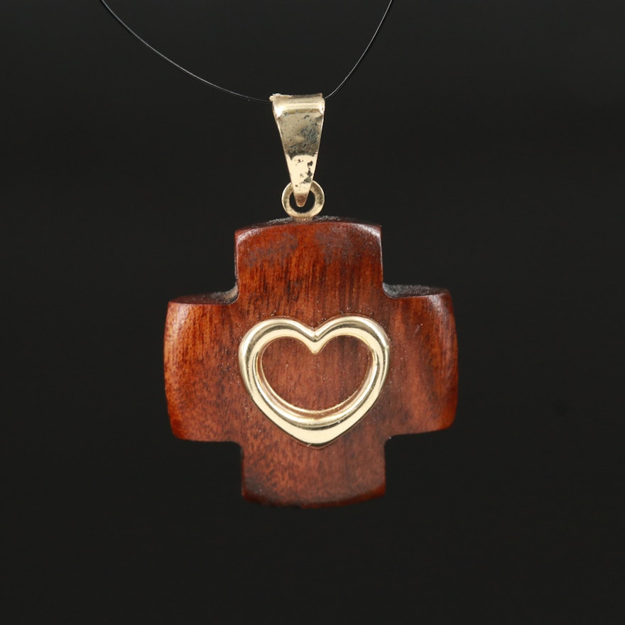 Italian Milor 14K Wood Cross Pendant with Heart Detail